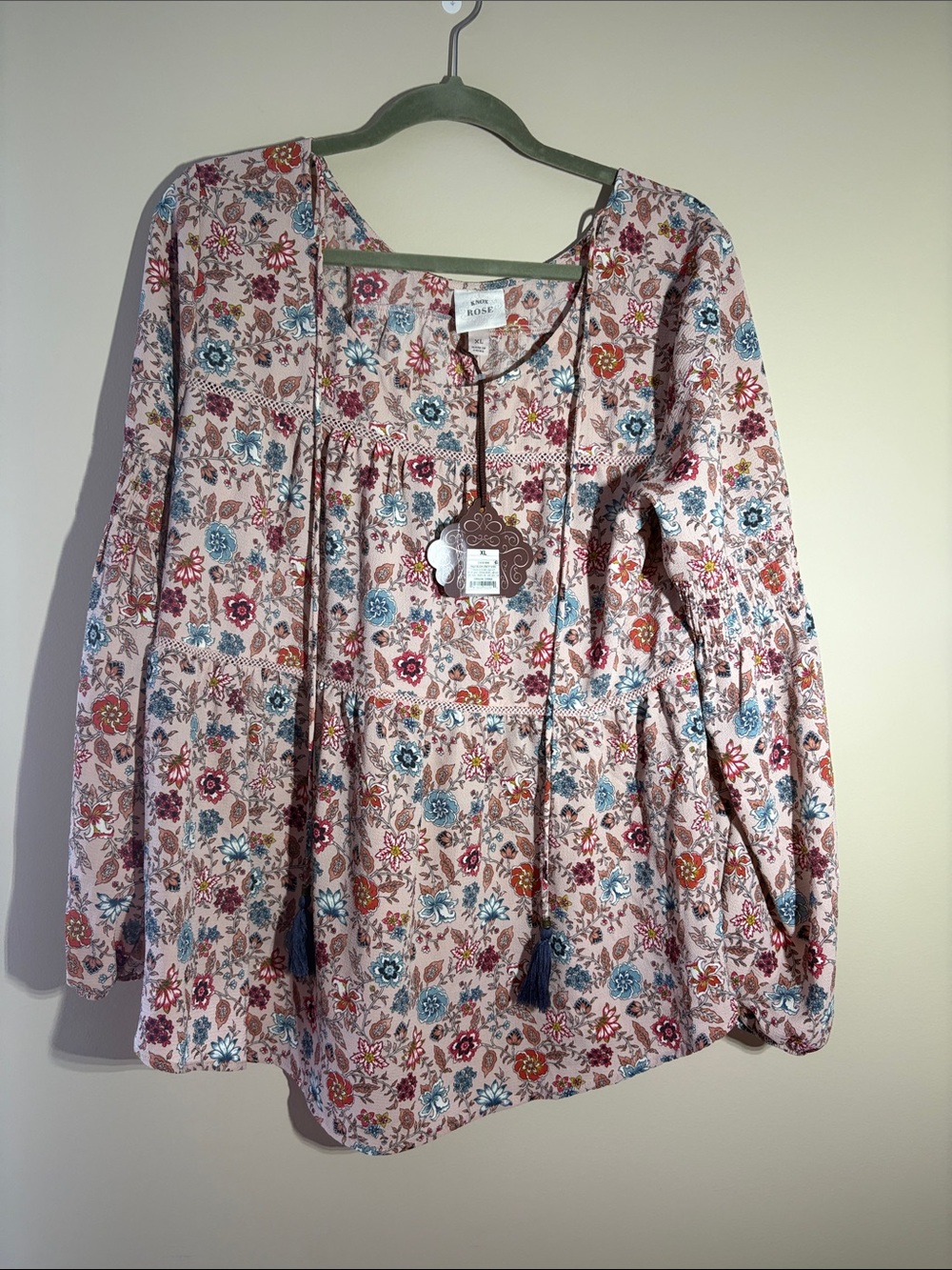 Knox Rose Pink Floral Scoop-Neck Boho Tunic with Blue & Red Accents